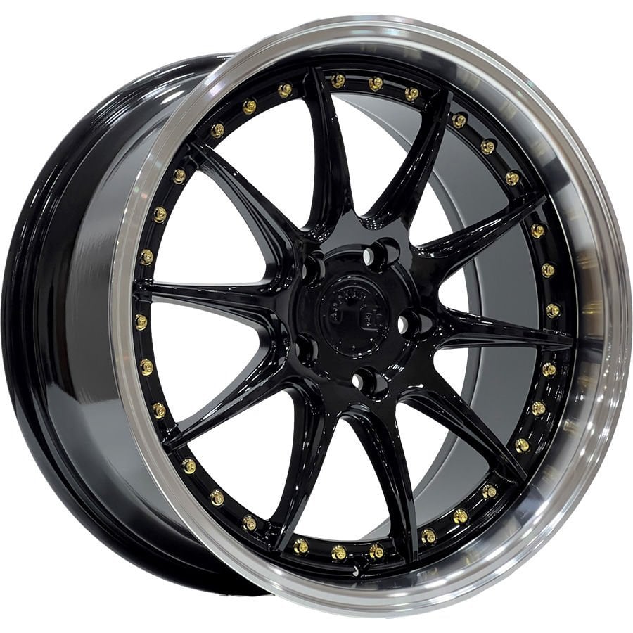 SLK 1769 8.5X18İNÇ 5X114.3 ET35 73.1 GLOSS BLACK LIP MAC+GOLD RIVETS ÇELİK JANT